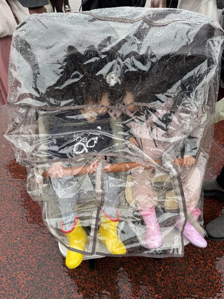 レインカバーをされた双子ベビーカーに乗っている男女双子の写真