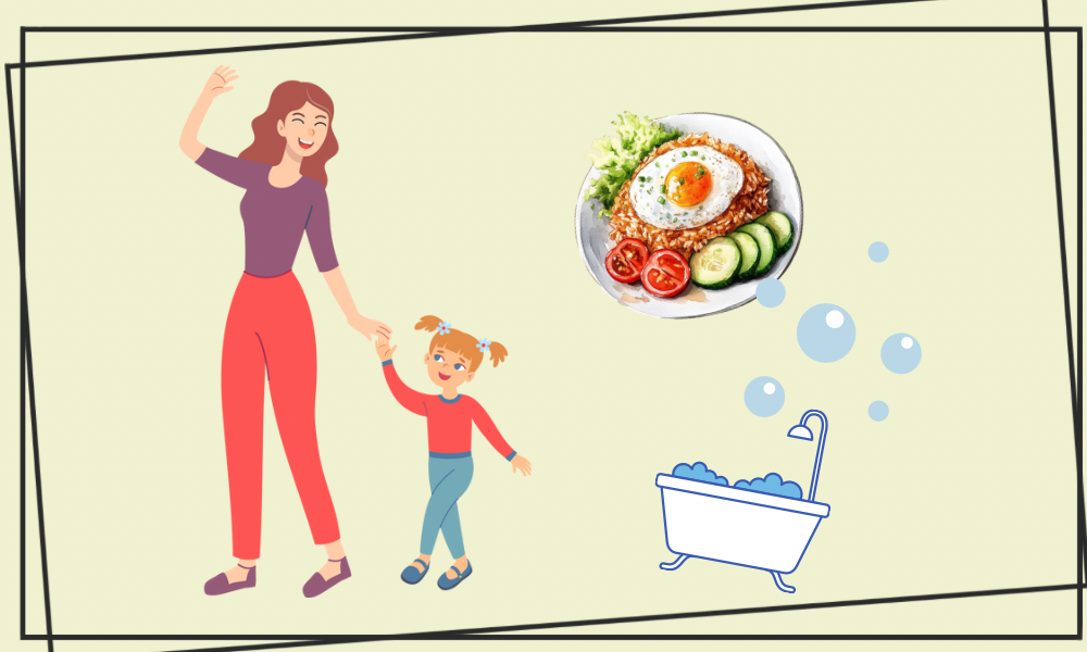 ママと女の子とお風呂とご飯のイラスト